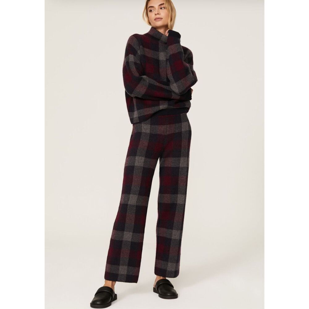 NAADAM Plaid Wide-Leg Pants in Charcoal, Burgundy, Gray